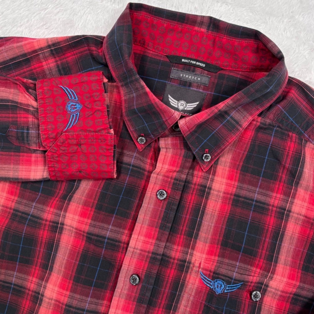 Ariat Relentless Western Shirt Mens XL Red Black Plaid Flip Cuff Rodeo Stretch
